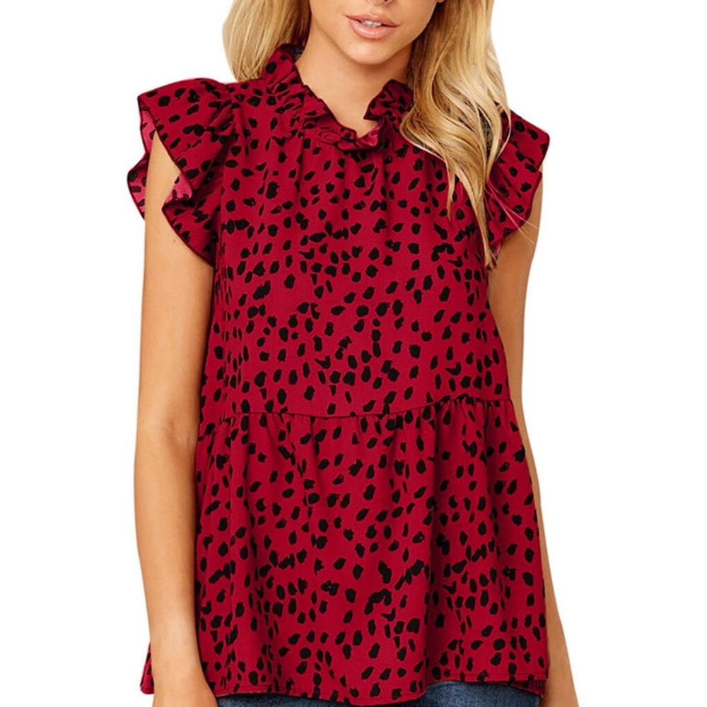 Angashion nwt size XL Stylish Red Leopard Print Ruffle Blouse